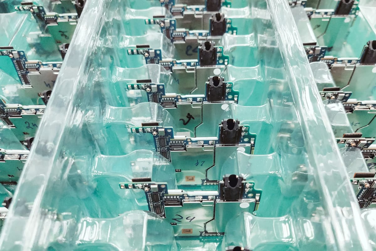 Rows of electronic circuit boards moving along an assembly line